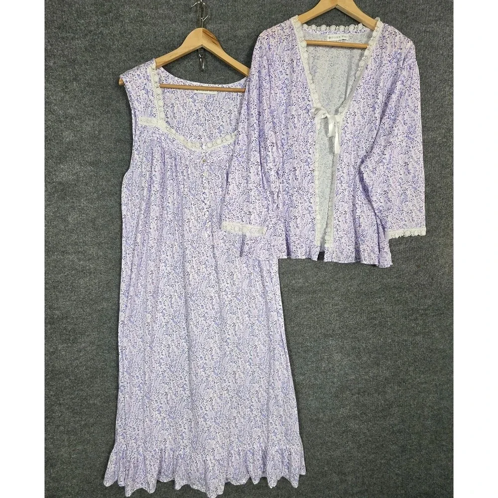 Eileen West 2 Pc Nightgown Set XXL Bed Jacket Robe Floral Purple Cottage Prairie
